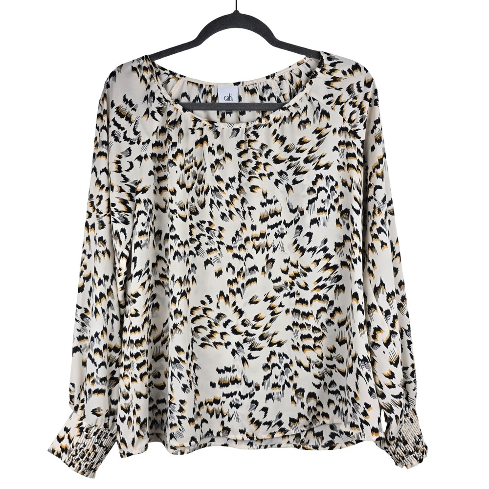 Cabi Blouse Women Small Cream Black Gold Abstract Animal Print Smocked Boho Chic